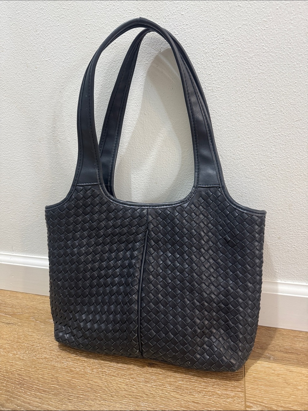 Navy Woven Leather Tote Bag